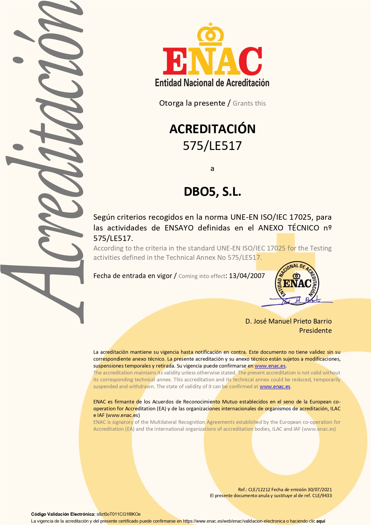 CERTIFICADO DE ACREDITACION  LABORATORIO SEGUN UNE EN-ISO/IEC 17025 