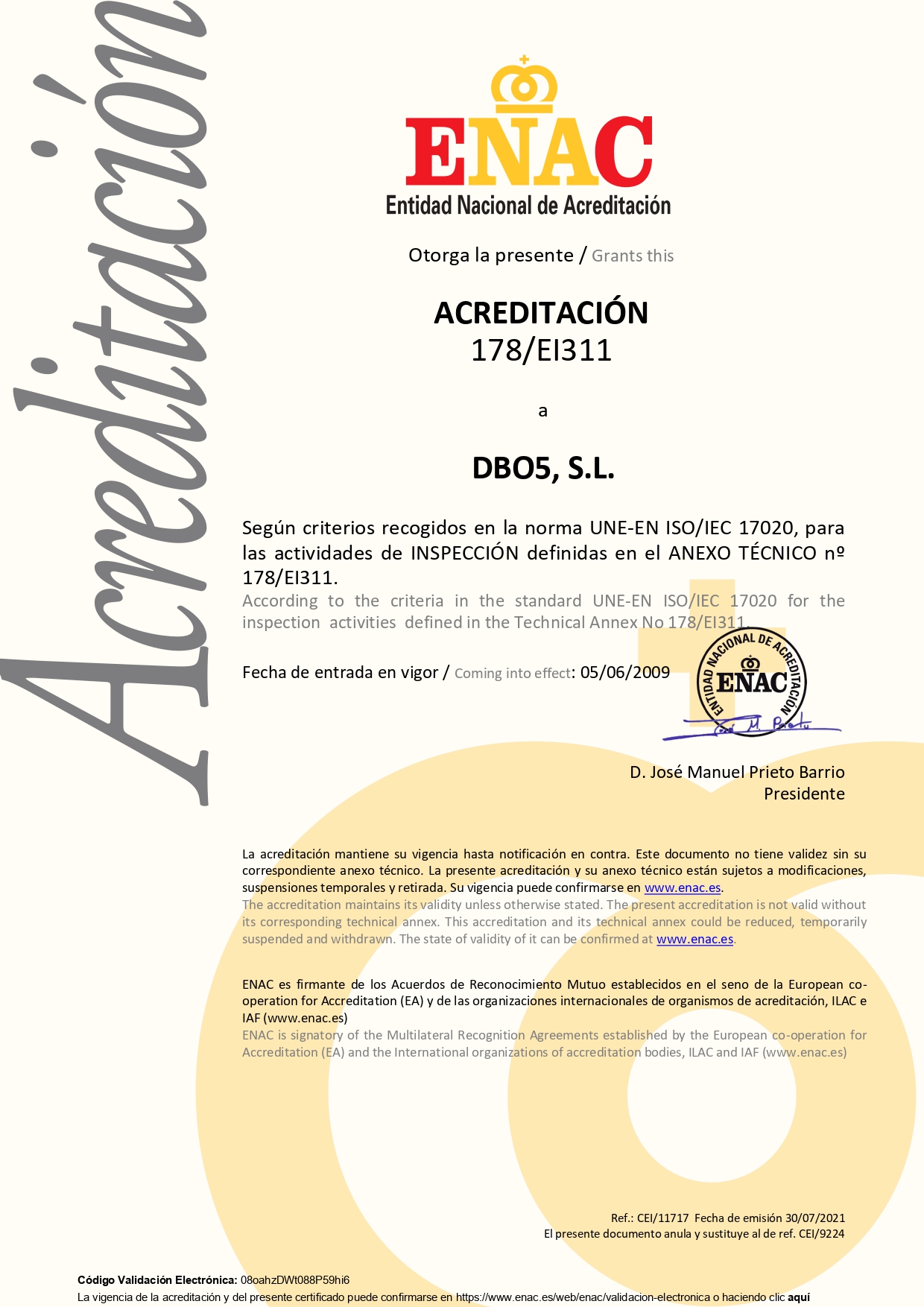 CERTIFICADO ACREDITACION COMO ENTIDAD DE INSPECCION SEGUN UNE-EN ISO/IEC 17020